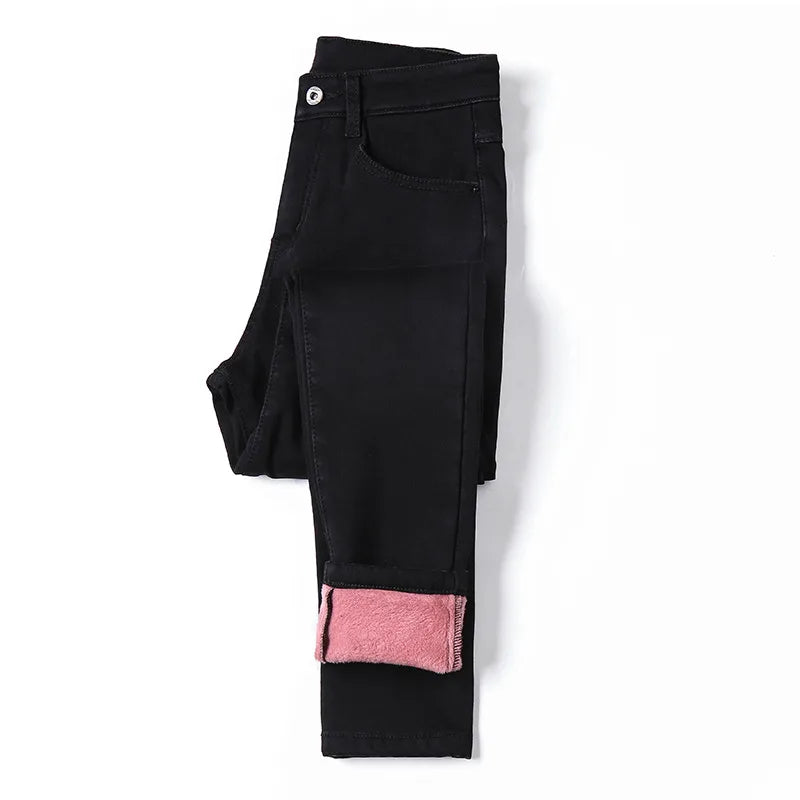 Inverno grosso feminino quente jeans magros simples estiramento veludo velo feminino cintura alta denim lápis calças roupas 36 38 40