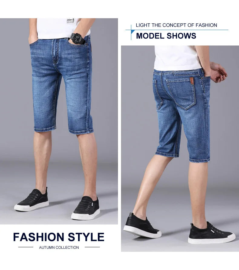 Verão shorts de brim fino para homens de boa qualidade shorts de brim homens de algodão sólido em linha reta jeans shorts masculinos azul casual jeans tamanho 40