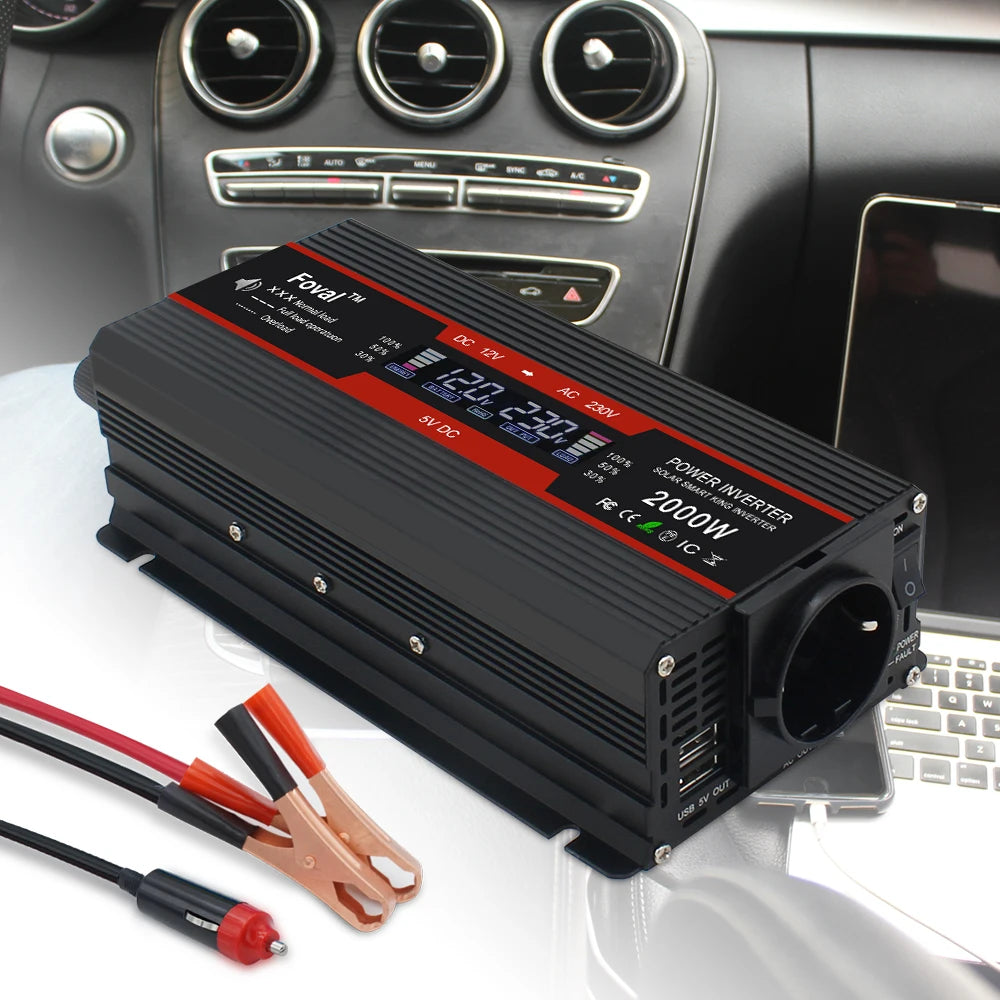 Inversor de energia solor com display lcd, dc 12v/24v para ac 220v 230v 1500w/2000w/2600w, conversor de tensão preto, soquete ue, acessórios automotivos