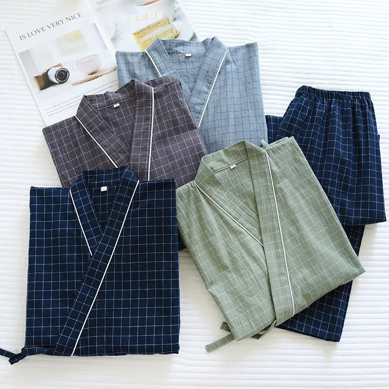 Pijama quimono xadrez e xadrez para casal, pijama de algodão lavado com decote em v, roupas de dormir de três quartos, fino para homens e mulheres, 2 peças