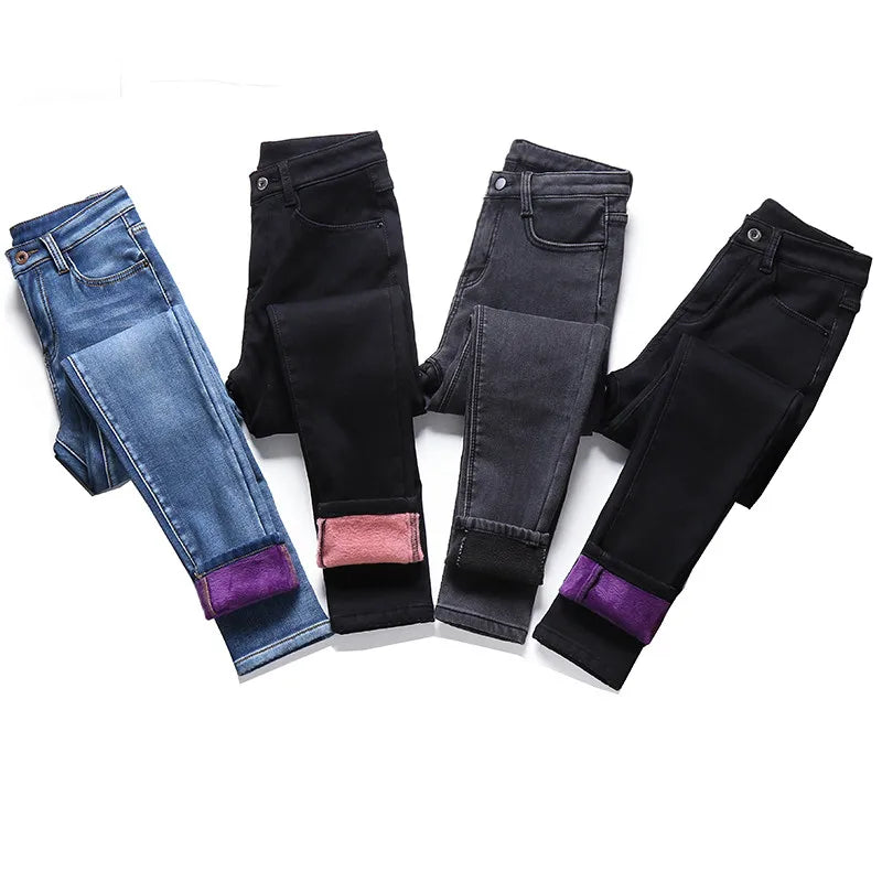 Inverno grosso feminino quente jeans magros simples estiramento veludo velo feminino cintura alta denim lápis calças roupas 36 38 40