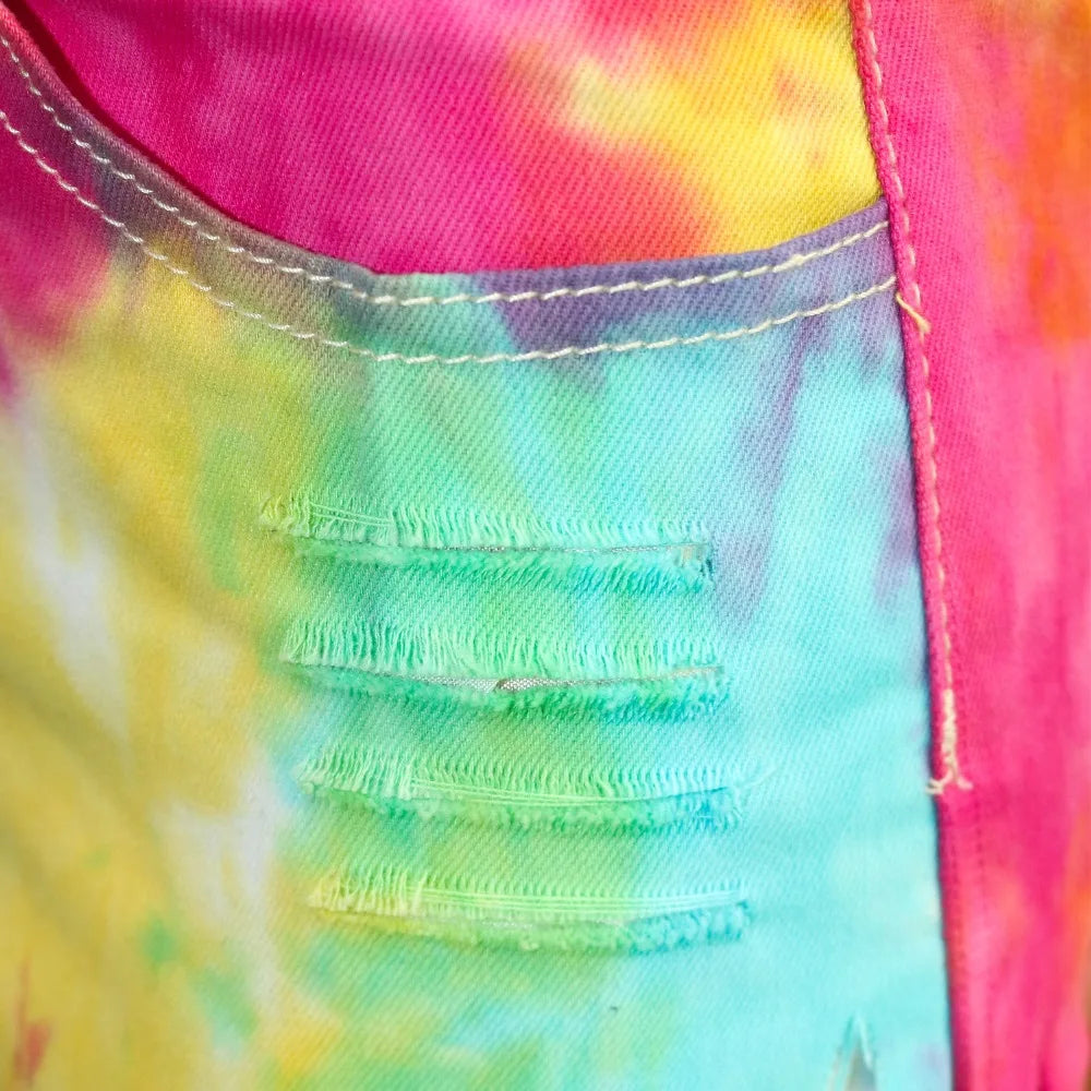CM.YAYA-Jeans rasgado feminino com estampa Tie Dye cintura média, calça jeans curta de verão, calça da moda