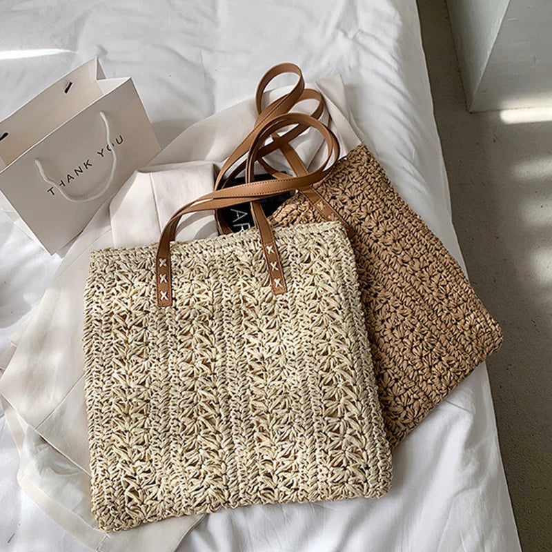 Bolsa de praia de palha oca quadrada artesanal tecido bolsa de ombro ráfia rattan compras saco de viagem boêmio férias de verão casual tote