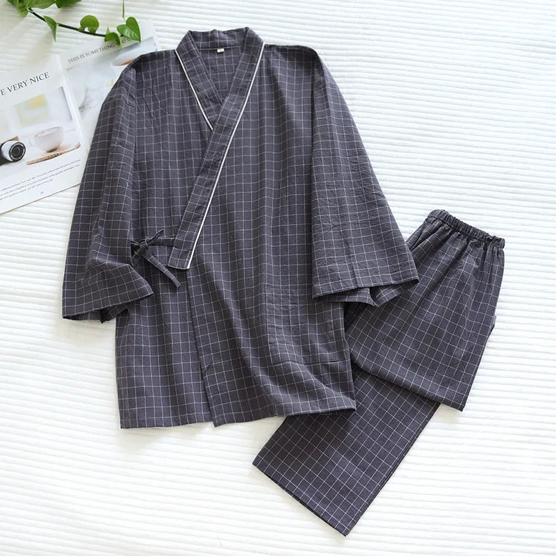Pijama quimono xadrez e xadrez para casal, pijama de algodão lavado com decote em v, roupas de dormir de três quartos, fino para homens e mulheres, 2 peças