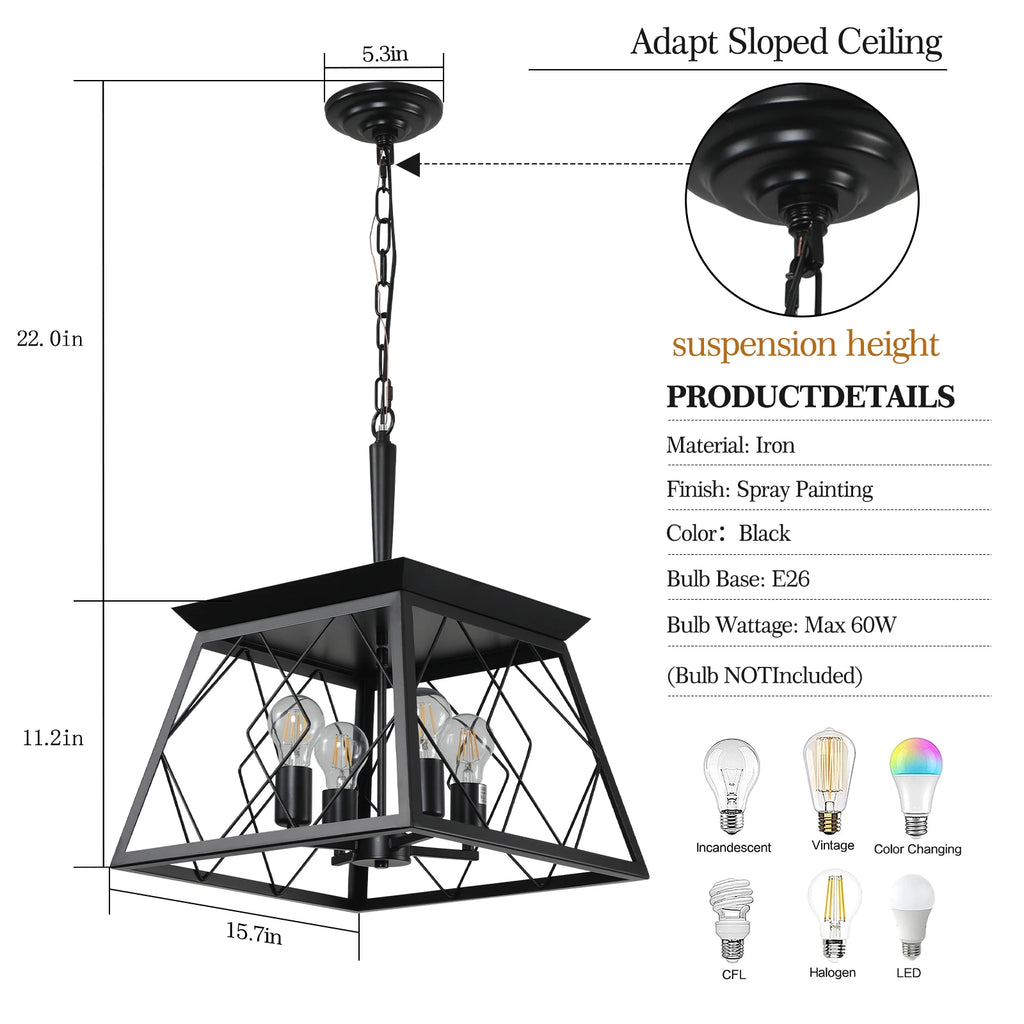 Black 4 Lights Farmhouse Vintage Chandelier,Rustic Pendant Light,Industrial Hanging Light Fixture for Dining Room Kitchen Island