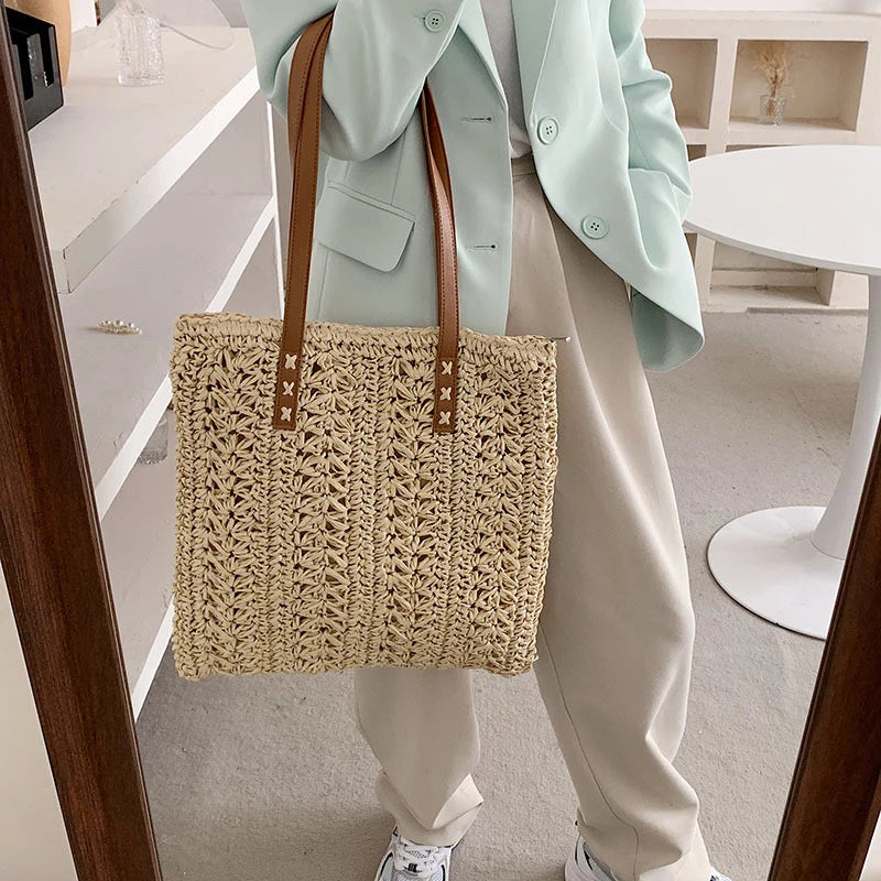 Bolsa de praia de palha oca quadrada artesanal tecido bolsa de ombro ráfia rattan compras saco de viagem boêmio férias de verão casual tote