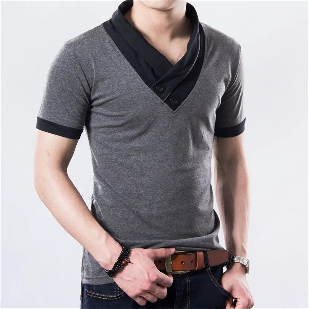 Novas Camisetas Masculinas Plus Size de Verão 2026, Moda Slim, Manga Curta, Patchwork, Decote em V, Camiseta Preta de Algodão para Homens