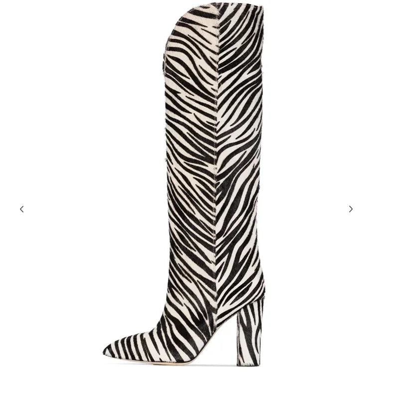 Zebra padrão joelho botas altas mulheres imitação de cabelo de cavalo botas de camurça 11 cm botas de salto redondo primavera outono nova chegada botas altas