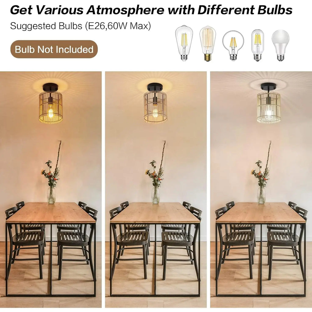 SGLfarmty Boho Semi Flush Mount Ceiling Light Metal Bamboo Shade IP44 Warm White LED 7.87x7.08x10.62 Inches