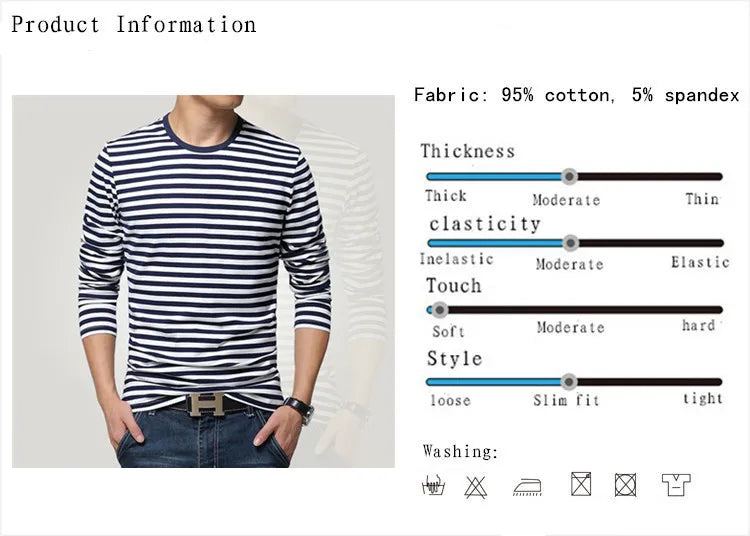 Estilo marinho camisa de manga longa masculina camiseta o pescoço listra t camisa masculina camisa marinha vintage básico 95% algodão camisa