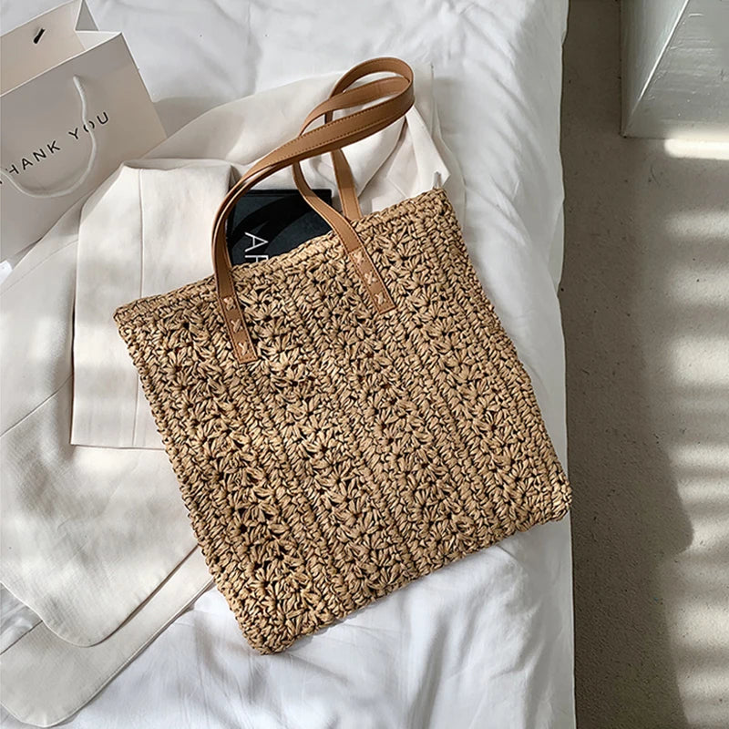 Bolsa de praia de palha oca quadrada artesanal tecido bolsa de ombro ráfia rattan compras saco de viagem boêmio férias de verão casual tote