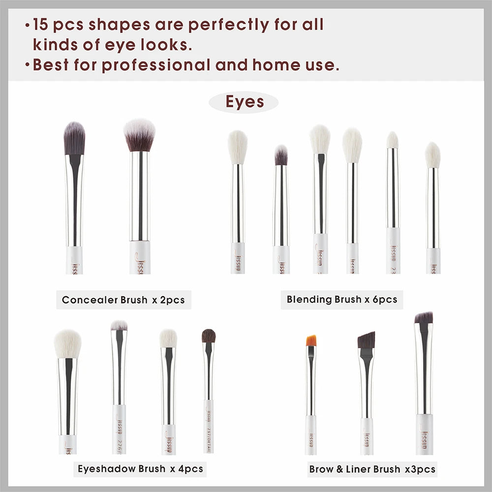 Jessup-profissional pincéis de maquiagem conjunto, 15pcs, pérola, branco, prata, kit de ferramentas, delineador, shader, cabelo sintético natural