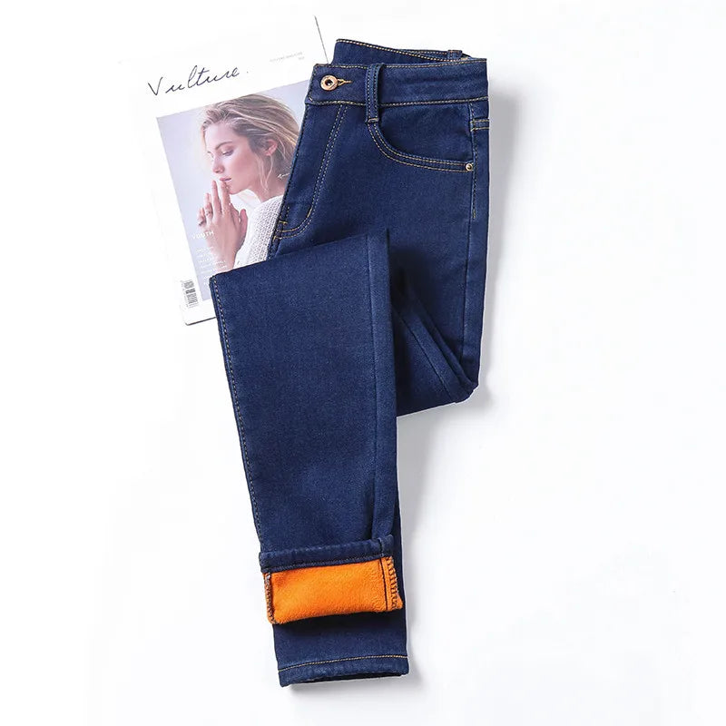 Inverno grosso feminino quente jeans magros simples estiramento veludo velo feminino cintura alta denim lápis calças roupas 36 38 40