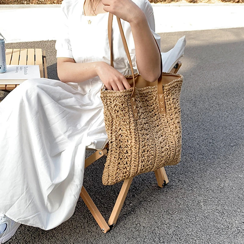 Bolsa de praia de palha oca quadrada artesanal tecido bolsa de ombro ráfia rattan compras saco de viagem boêmio férias de verão casual tote