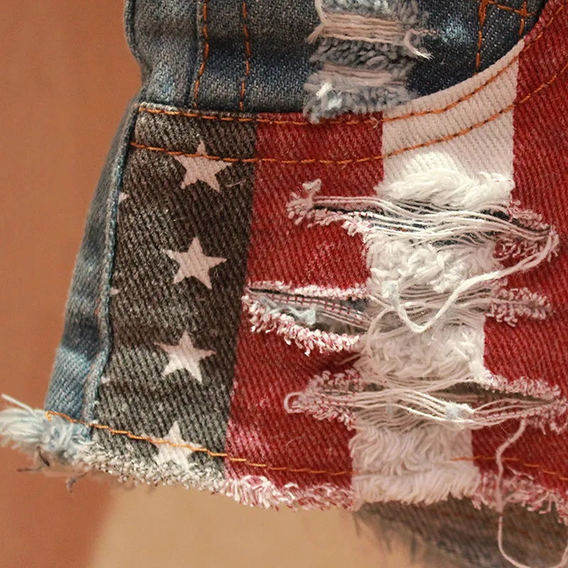 Meados de cintura jeans shorts 2021 feminino nova moda eua bandeira impressa denim pólo dança magro buraco quente calças curtas S-XXL