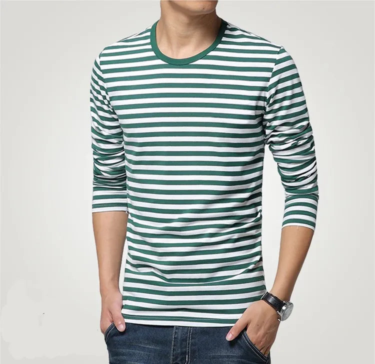 Estilo marinho camisa de manga longa masculina camiseta o pescoço listra t camisa masculina camisa marinha vintage básico 95% algodão camisa