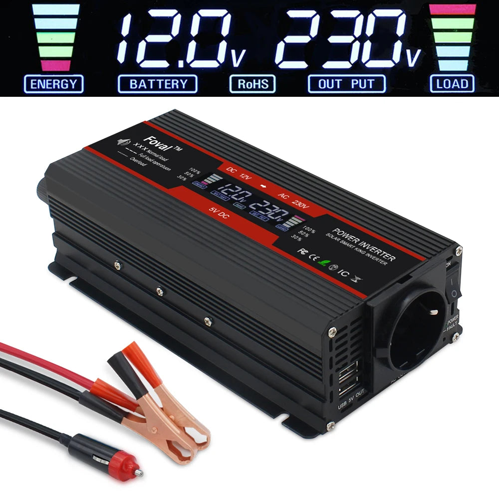 Inversor de energia solor com display lcd, dc 12v/24v para ac 220v 230v 1500w/2000w/2600w, conversor de tensão preto, soquete ue, acessórios automotivos
