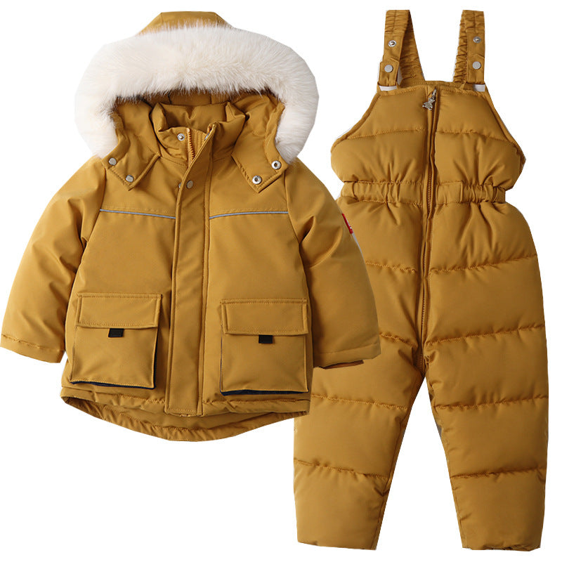 Terno de esqui infantil, jaqueta e calças à prova de vento e à prova d'água, casaco de neve, macacão, calças para baixo, parkas, conjuntos macios e quentes