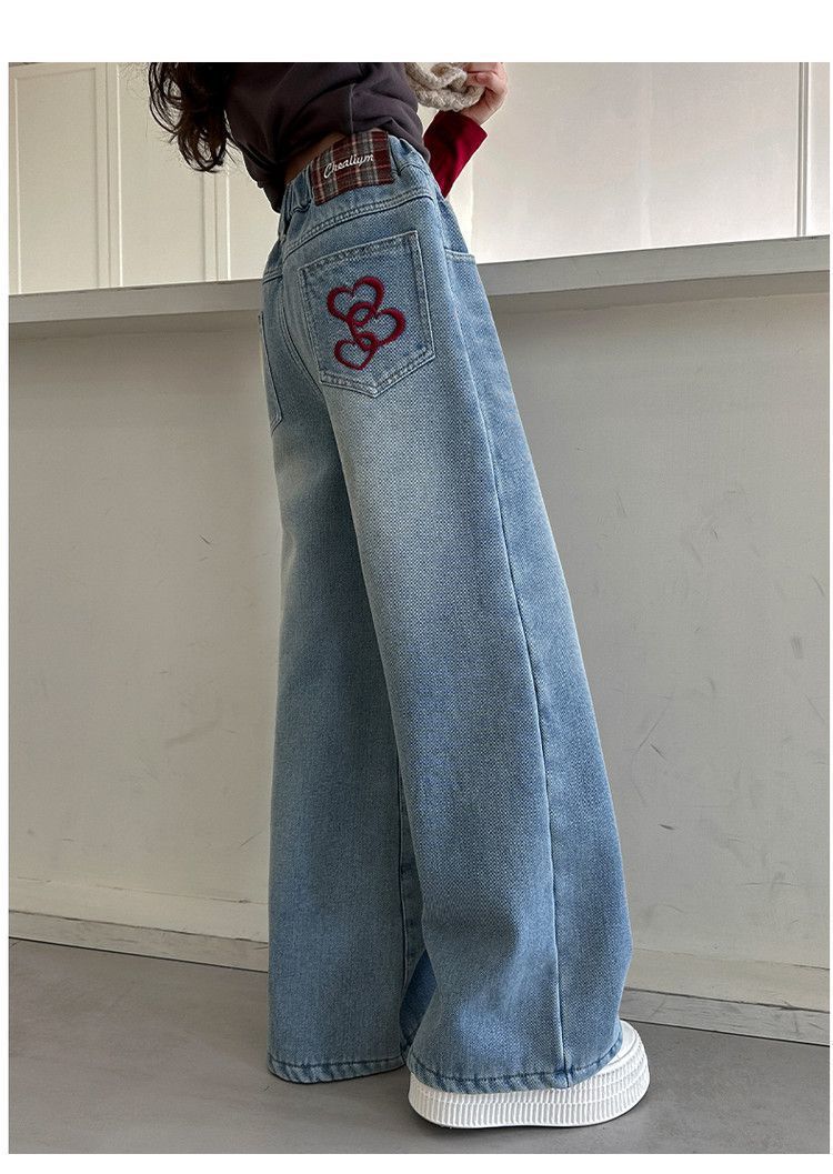 Meninas adolescentes jeans com lã outono inverno moda casual crianças perna larga calças jeans isoladas escola crianças denim