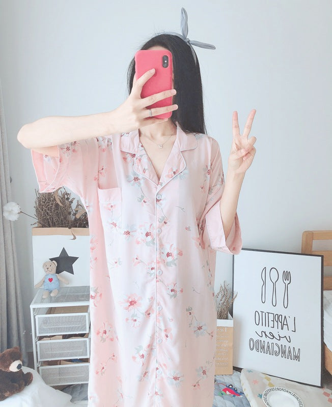 Verão outono casual noite feminina manga curta flor camisola solta sleepwear 100% viscose sleepwear para mulher
