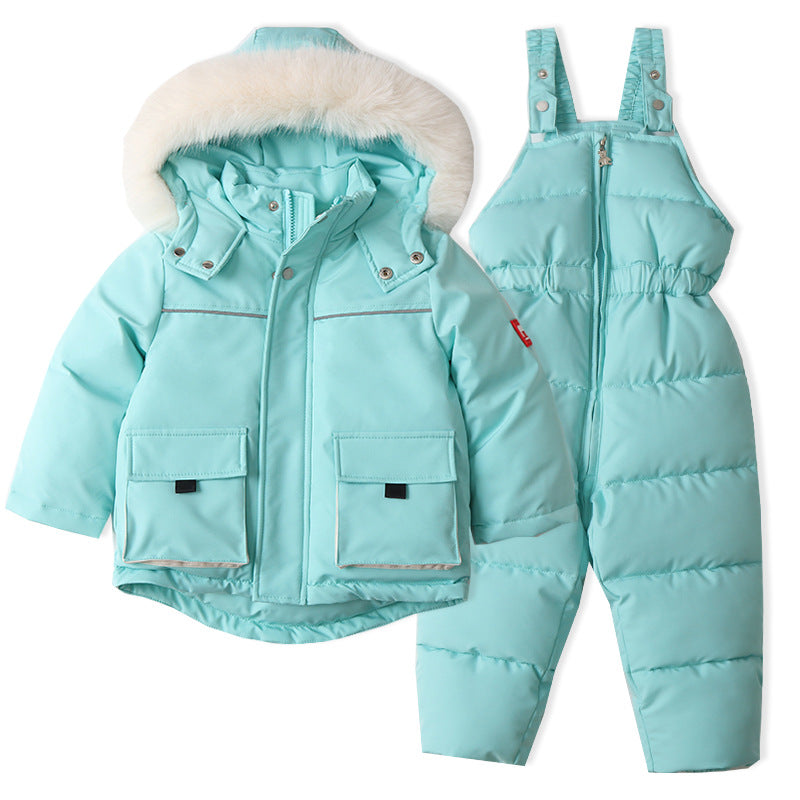 Terno de esqui infantil, jaqueta e calças à prova de vento e à prova d'água, casaco de neve, macacão, calças para baixo, parkas, conjuntos macios e quentes