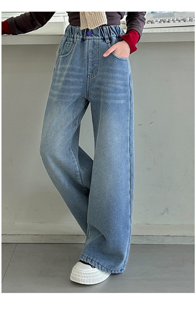 Meninas adolescentes jeans com lã outono inverno moda casual crianças perna larga calças jeans isoladas escola crianças denim