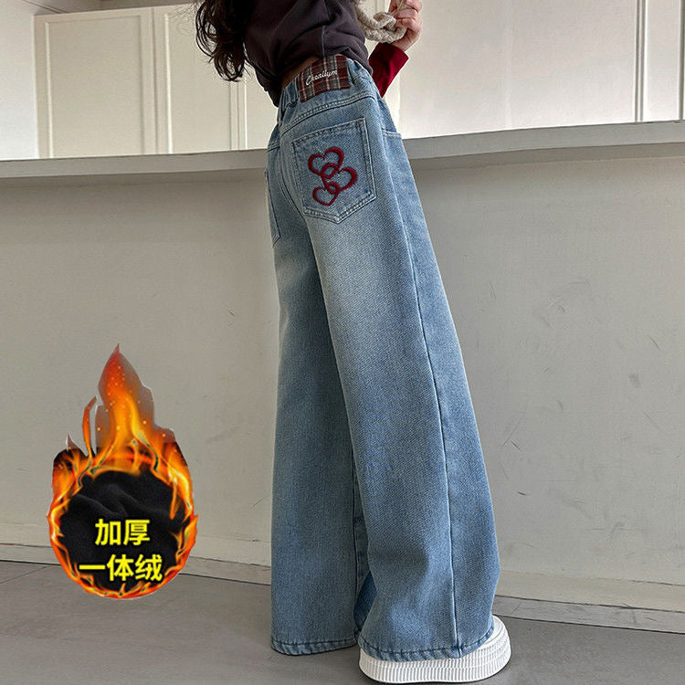 Meninas adolescentes jeans com lã outono inverno moda casual crianças perna larga calças jeans isoladas escola crianças denim
