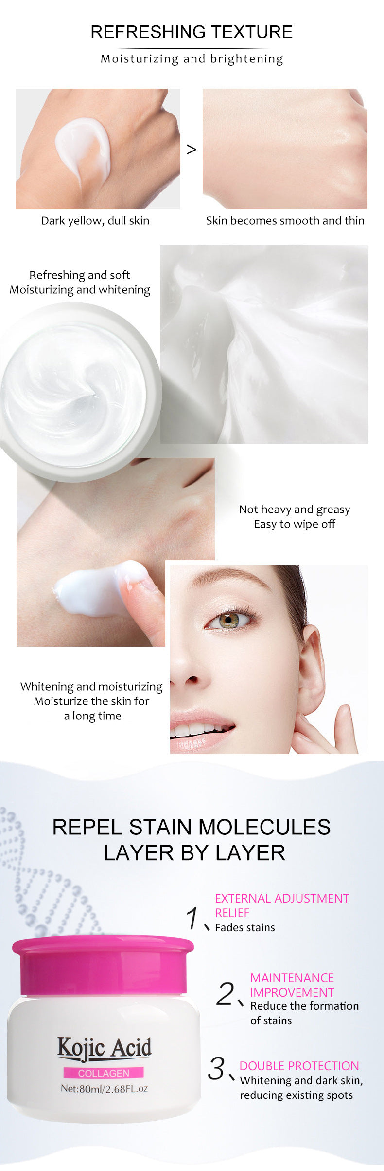 Creme Hidratante Ácido Kójico de Colágeno, Nutrido, Pele Danificada, Brilhante e Suave, Facial, Cuidado, Reparação, R1U9, 80ml
