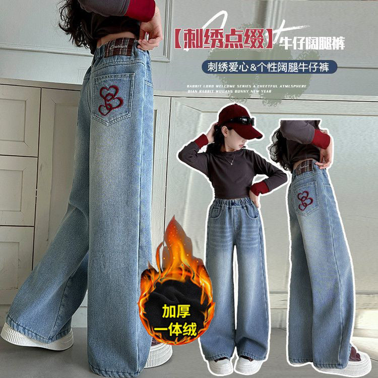 Meninas adolescentes jeans com lã outono inverno moda casual crianças perna larga calças jeans isoladas escola crianças denim