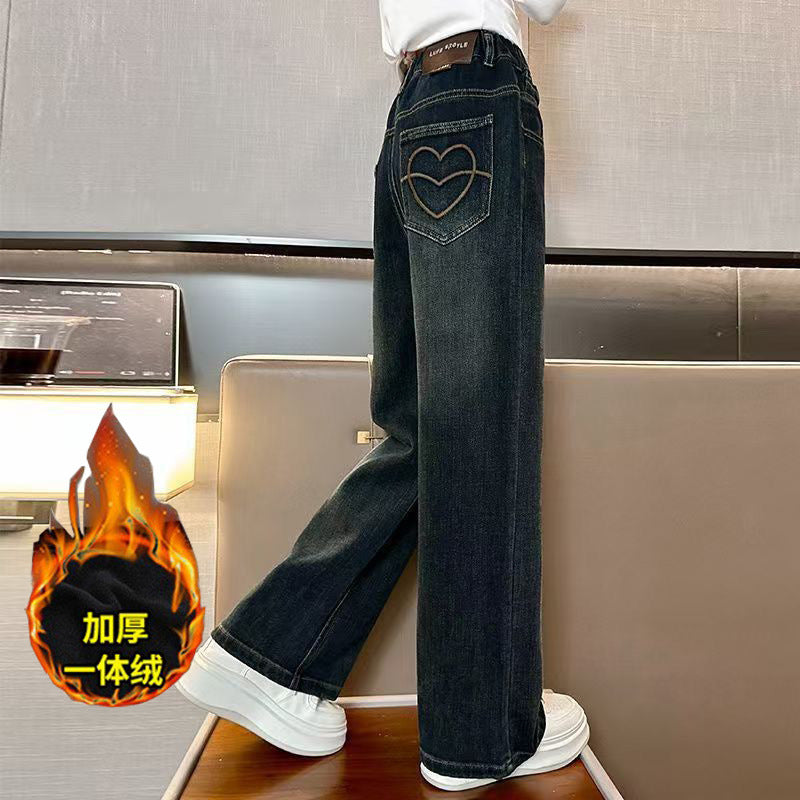 Meninas adolescentes jeans com lã outono inverno moda casual crianças perna larga calças jeans isoladas escola crianças denim