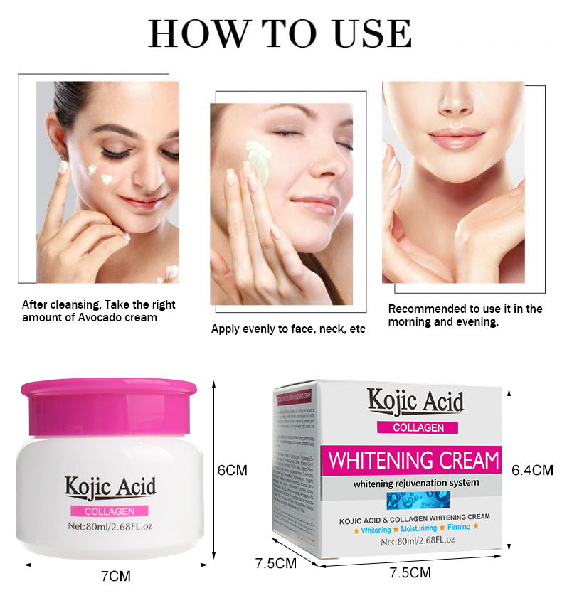 Creme Hidratante Ácido Kójico de Colágeno, Nutrido, Pele Danificada, Brilhante e Suave, Facial, Cuidado, Reparação, R1U9, 80ml