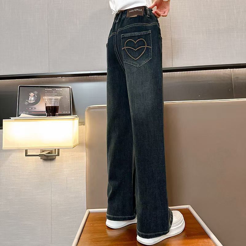 Meninas adolescentes jeans com lã outono inverno moda casual crianças perna larga calças jeans isoladas escola crianças denim