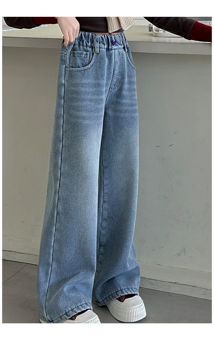 Meninas adolescentes jeans com lã outono inverno moda casual crianças perna larga calças jeans isoladas escola crianças denim