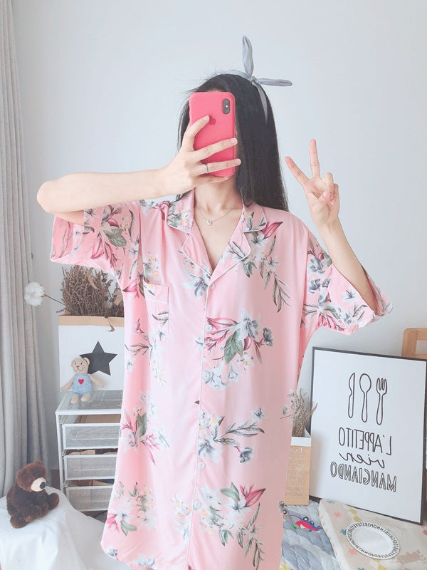 Verão outono casual noite feminina manga curta flor camisola solta sleepwear 100% viscose sleepwear para mulher