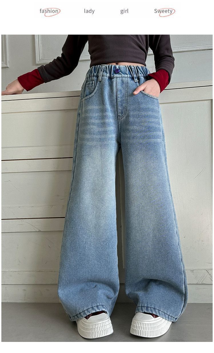 Meninas adolescentes jeans com lã outono inverno moda casual crianças perna larga calças jeans isoladas escola crianças denim