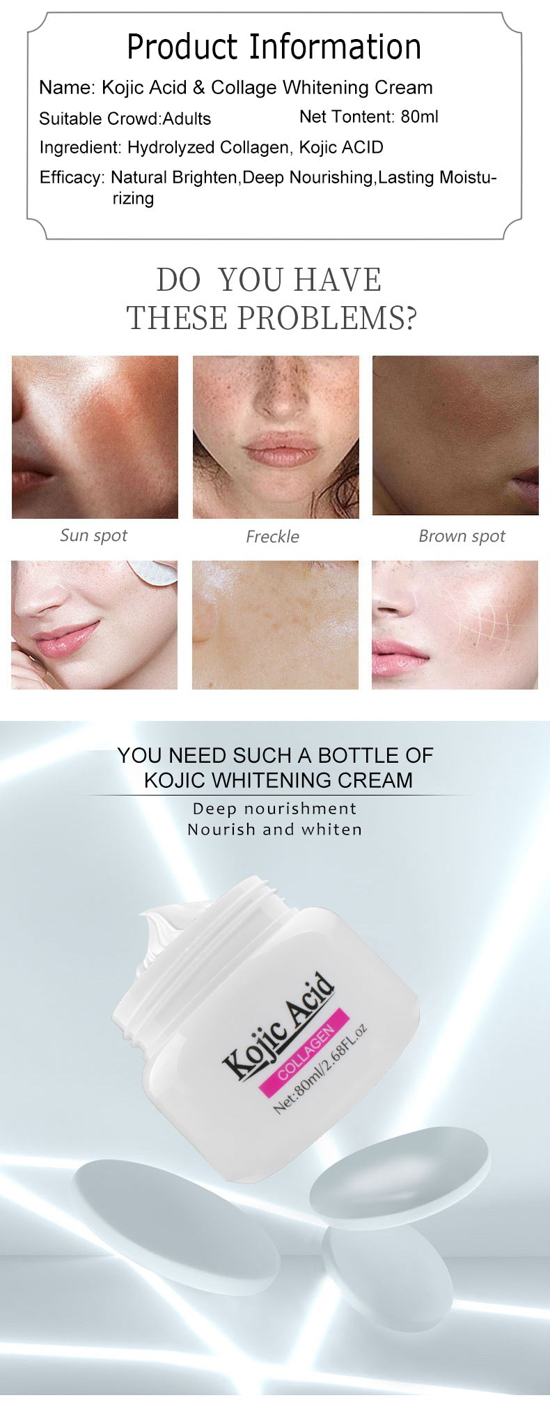 Creme Hidratante Ácido Kójico de Colágeno, Nutrido, Pele Danificada, Brilhante e Suave, Facial, Cuidado, Reparação, R1U9, 80ml