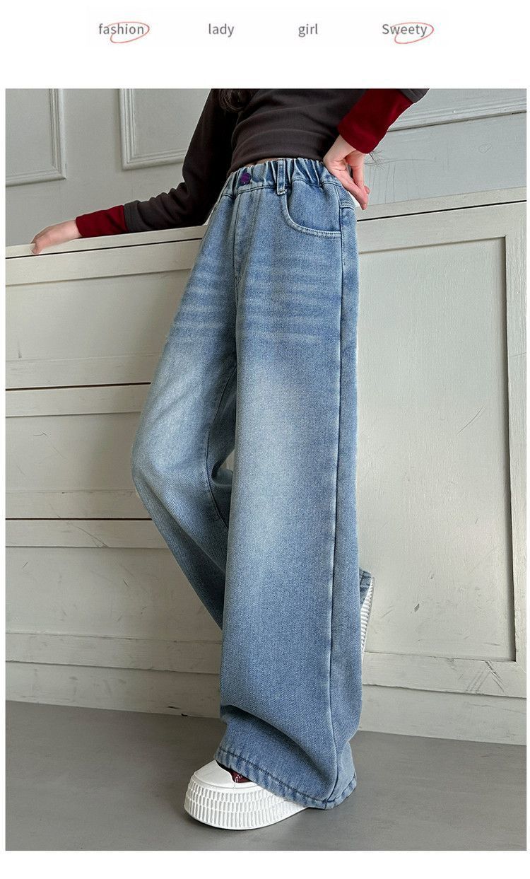 Meninas adolescentes jeans com lã outono inverno moda casual crianças perna larga calças jeans isoladas escola crianças denim