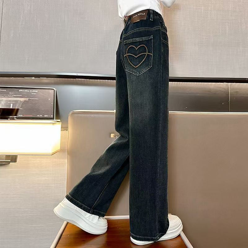 Meninas adolescentes jeans com lã outono inverno moda casual crianças perna larga calças jeans isoladas escola crianças denim
