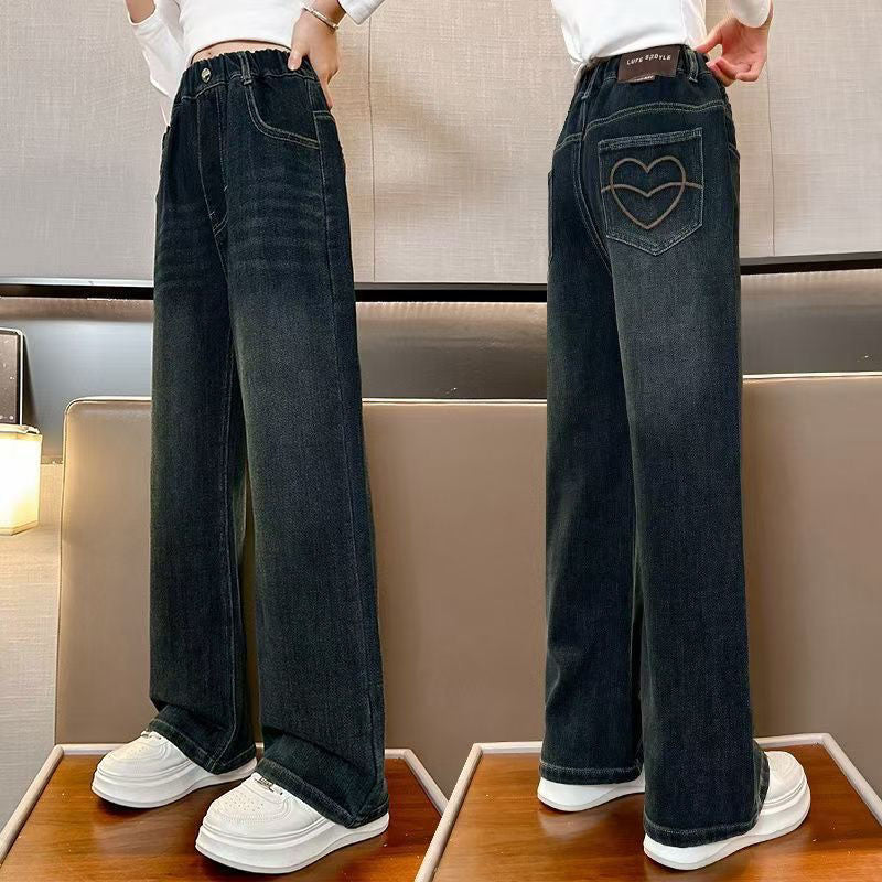 Meninas adolescentes jeans com lã outono inverno moda casual crianças perna larga calças jeans isoladas escola crianças denim