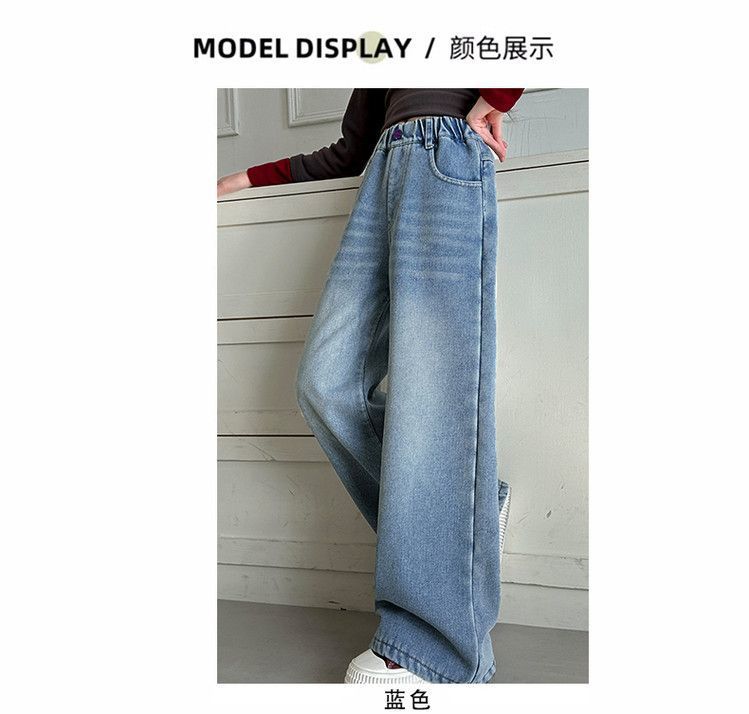 Meninas adolescentes jeans com lã outono inverno moda casual crianças perna larga calças jeans isoladas escola crianças denim