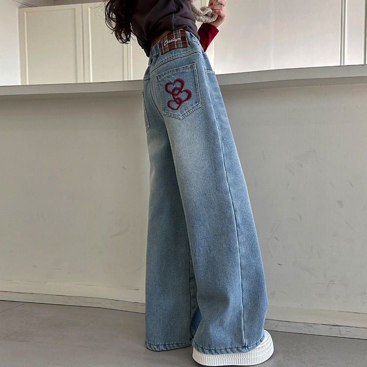 Meninas adolescentes jeans com lã outono inverno moda casual crianças perna larga calças jeans isoladas escola crianças denim