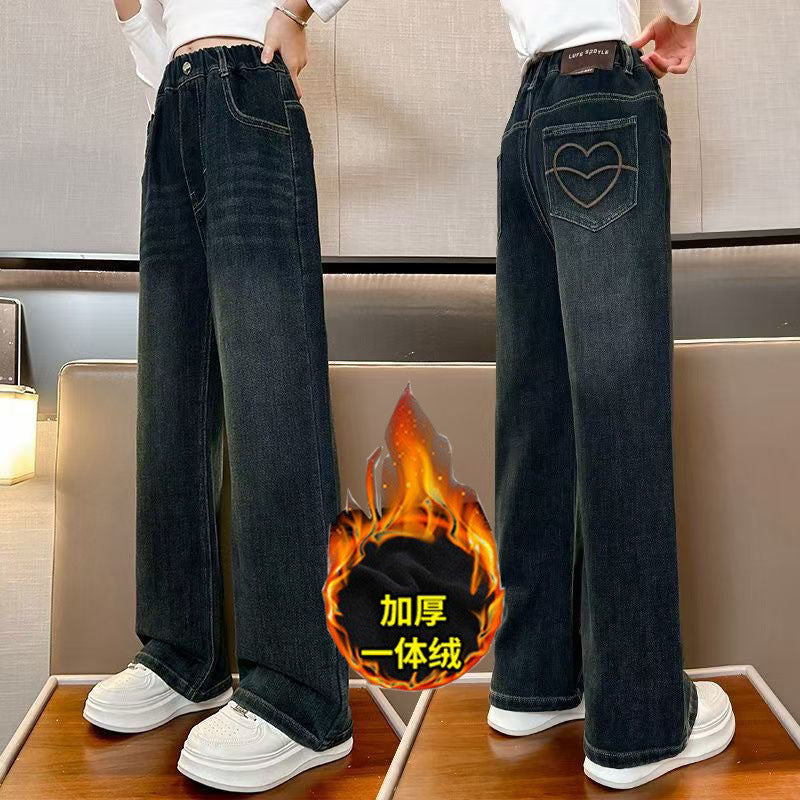 Meninas adolescentes jeans com lã outono inverno moda casual crianças perna larga calças jeans isoladas escola crianças denim