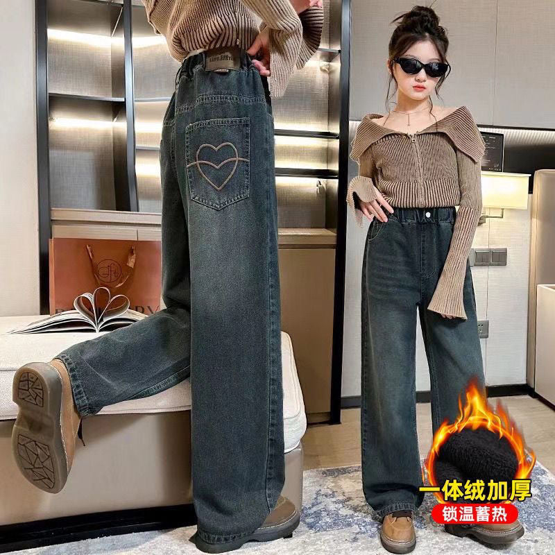 Meninas adolescentes jeans com lã outono inverno moda casual crianças perna larga calças jeans isoladas escola crianças denim