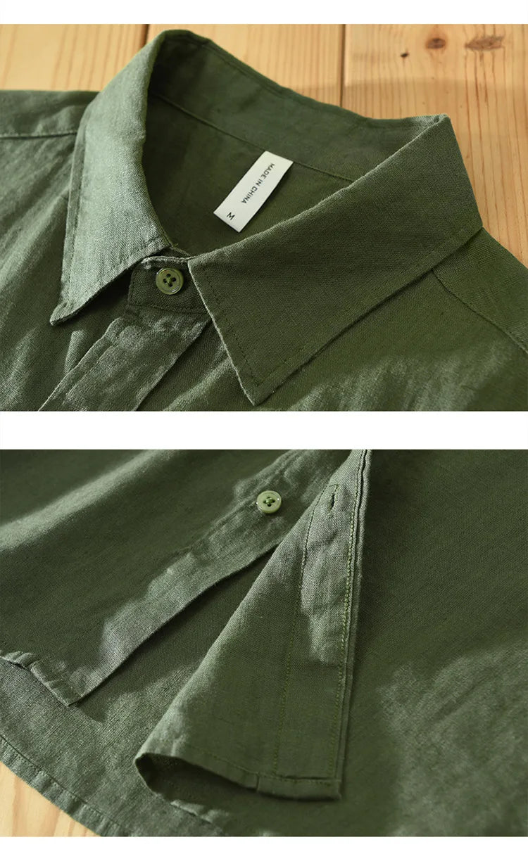 Camisa de linho de manga curta masculina, camisa respirável solta, camisa casual artística, monocromática, verão