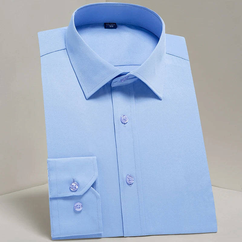 Camisas sociais masculinas clássicas de manga comprida, ajuste padrão, formal, negócios, social, simples, design básico, branco, trabalho, escritório, camisa casual