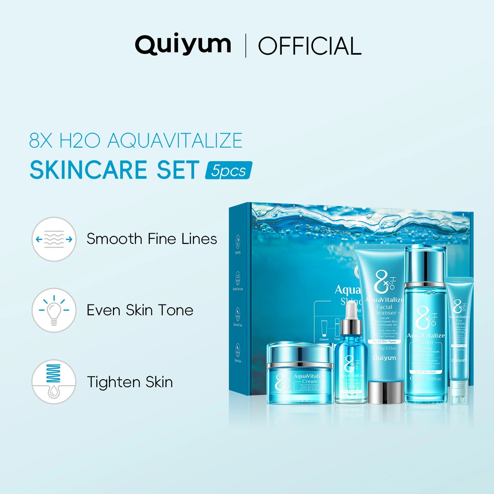 QUIYUM 8X H2O AquaVitalize Skincare Set 5PCS Kit de hidratação profunda Rugas Suavização Tratamento de aperto Conjunto de presente