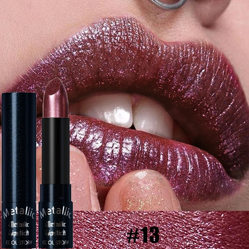 Diamante rosa batom metálico glitter batom à prova dwaterproof água brilhante perolado azul escuro vermelho fosco brilho labial halloween lábios maquiagem