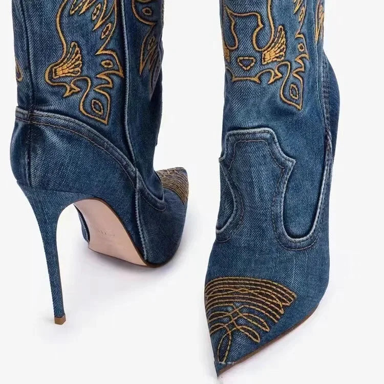 Moda feminina europeia e americana salto alto apontado ocidental denim bordado linha joelho manga alta botas de strass