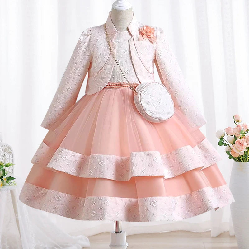 Novo outono/inverno vestido de festa de manga longa elegante menina bordado vestido de desempenho de natal saco de presente para crianças de 3 a 11 anos