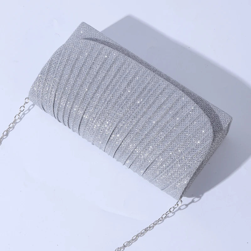 Bolsa de Noite Prateada com Glitter para Mulheres, Elegante e Fashion, Bolsa Longa com Cadeado, Clutch para Casamentos e Festas